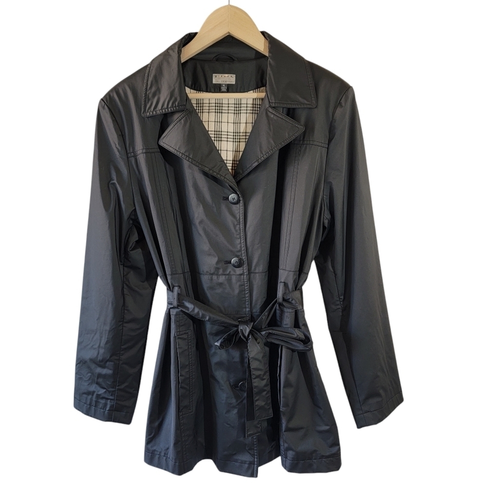 Giacca Black Faux Leather Jacket Sz XL Belted Fully Lined Pocket Y2K Whimsigoth